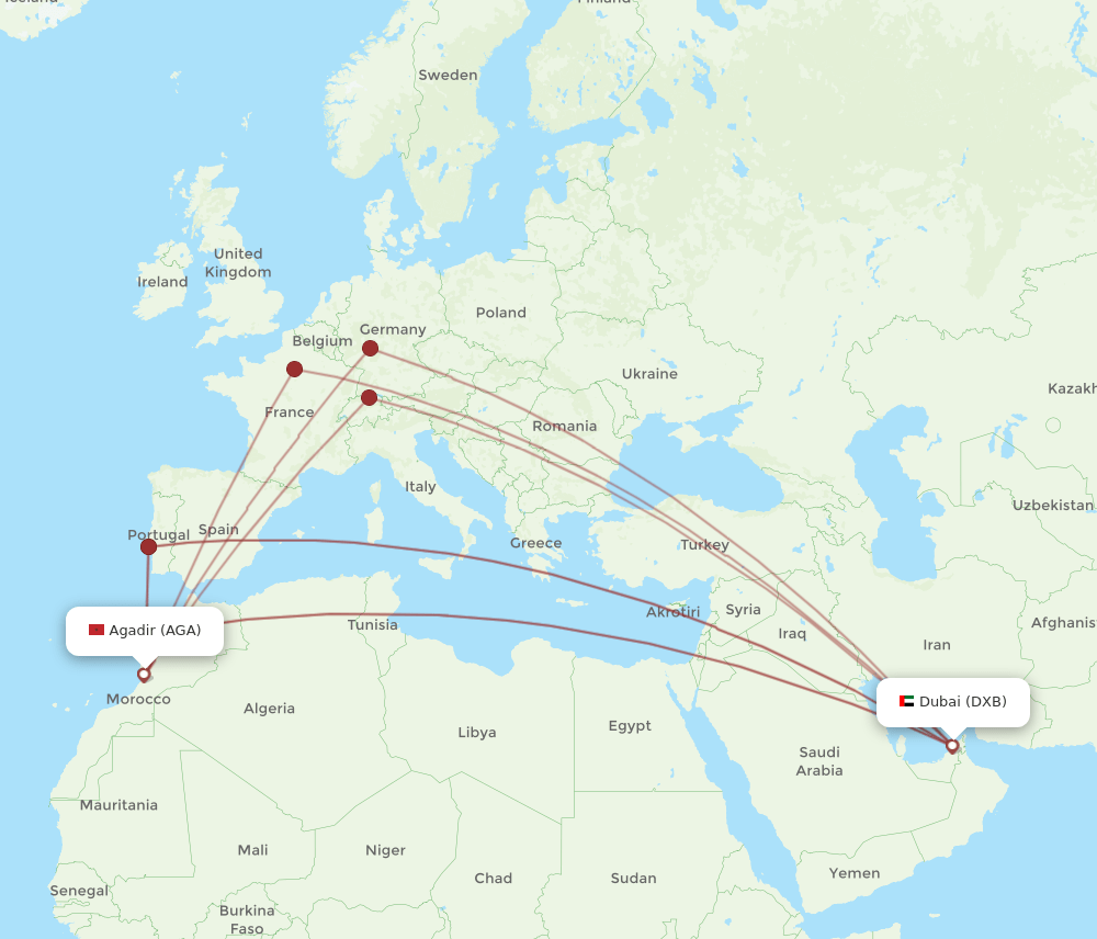 DXB to AGA flights and routes map