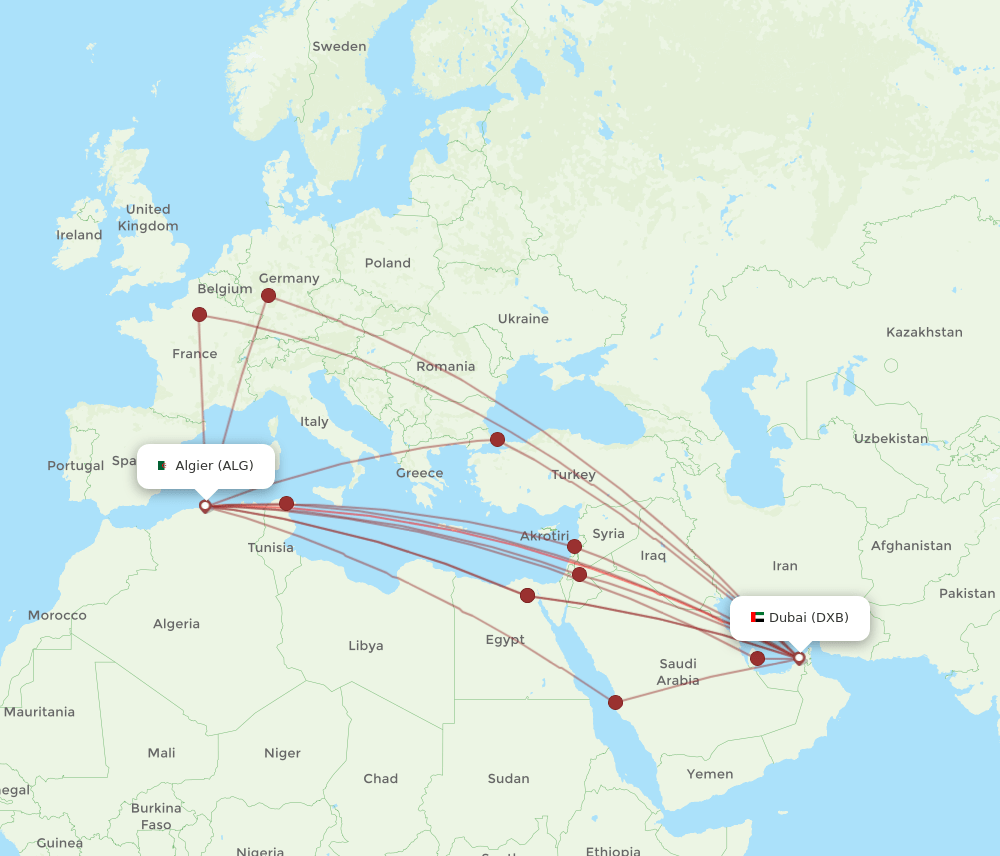 DXB to ALG flights and routes map