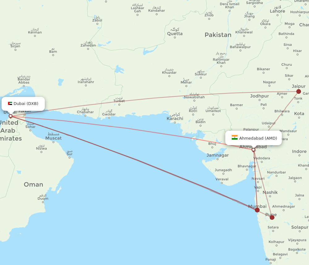 DXB to AMD flights and routes map