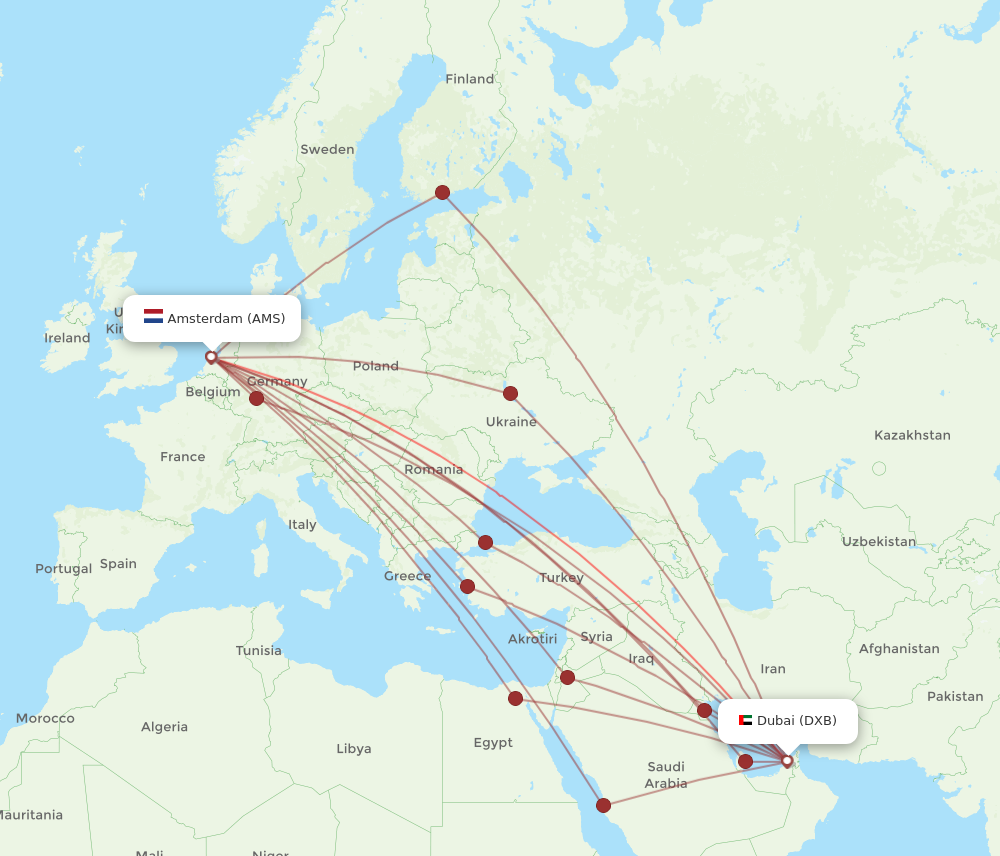 DXB to AMS flights and routes map