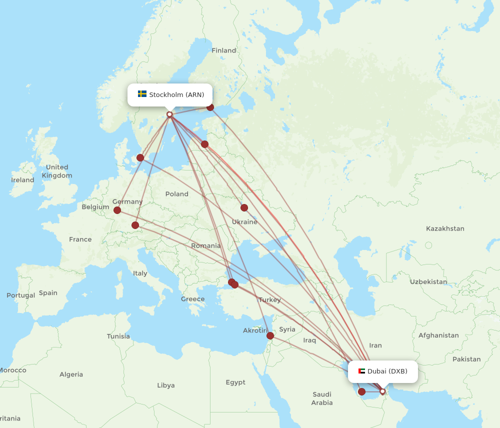 DXB to ARN flights and routes map