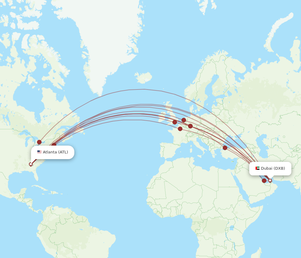DXB to ATL flights and routes map
