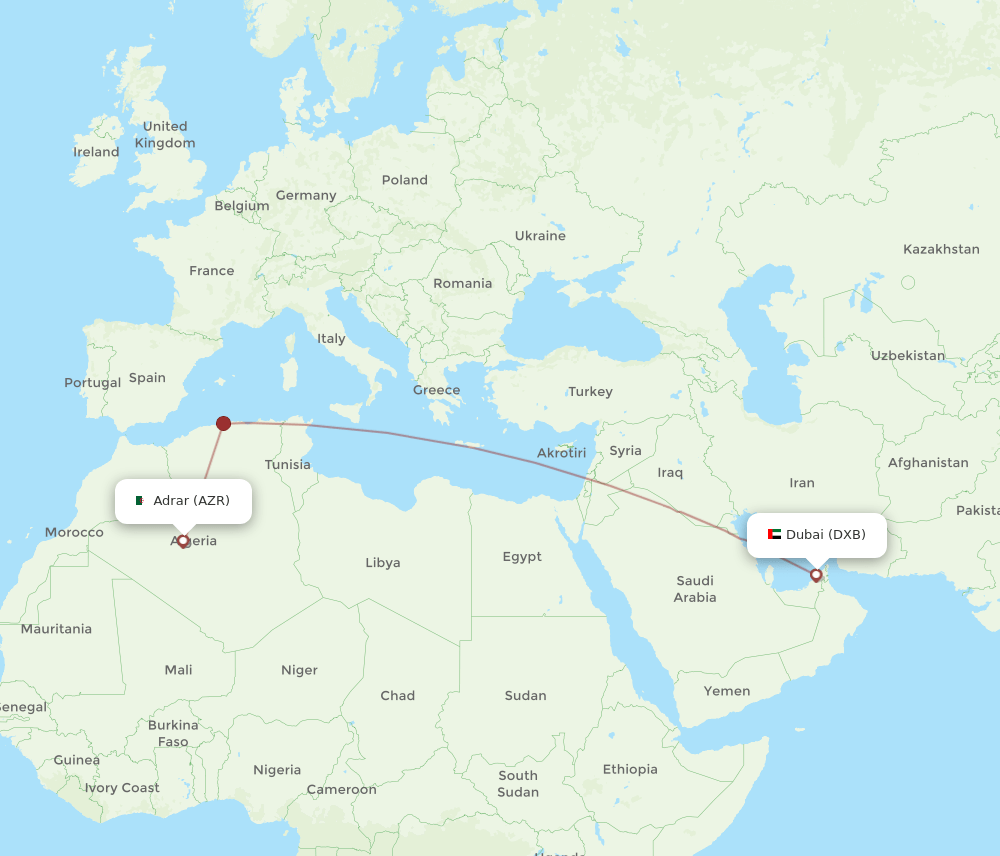 DXB to AZR flights and routes map