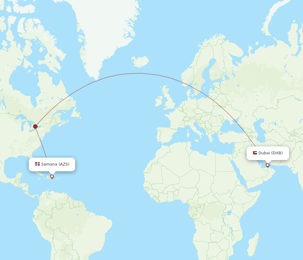 El Catey/Samana - Dubai route map and flight paths