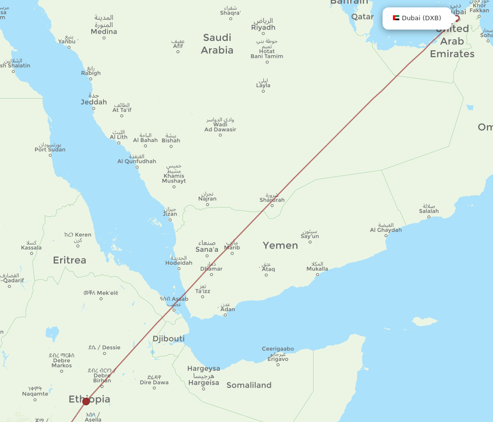 DXB to BCO flights and routes map