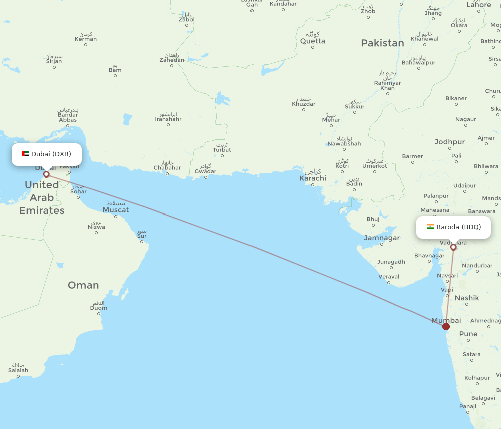 DXB to BDQ flights and routes map