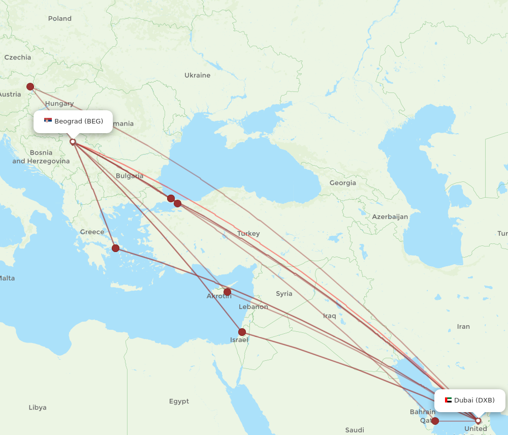 DXB to BEG flights and routes map