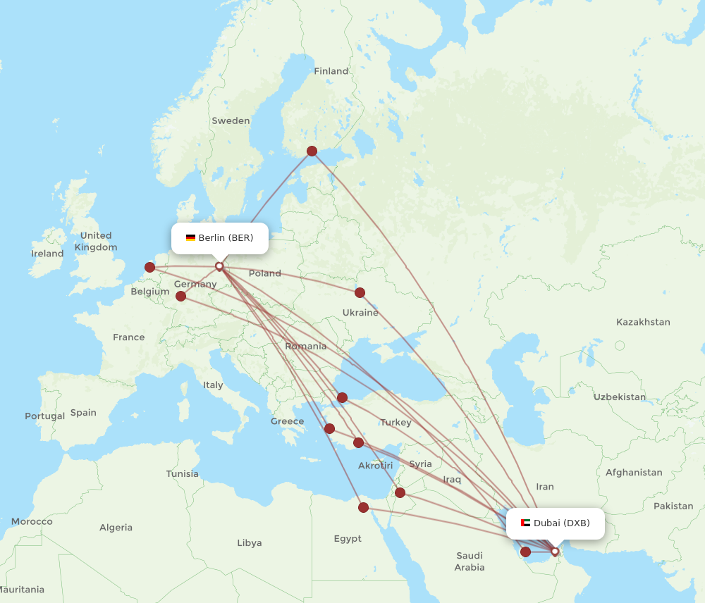 DXB to BER flights and routes map