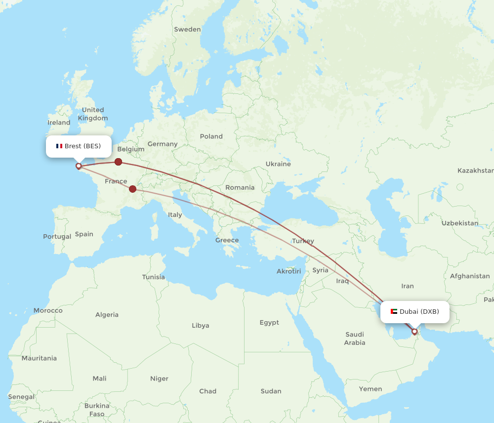DXB to BES flights and routes map