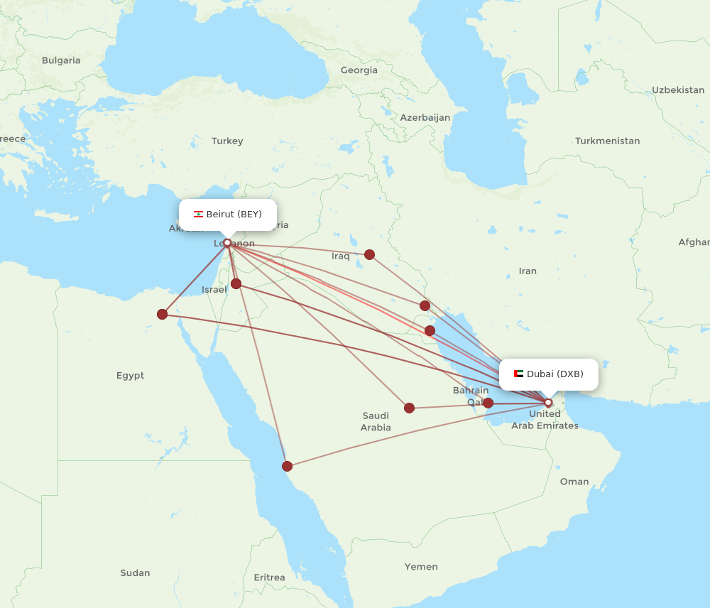 DXB to BEY flights and routes map