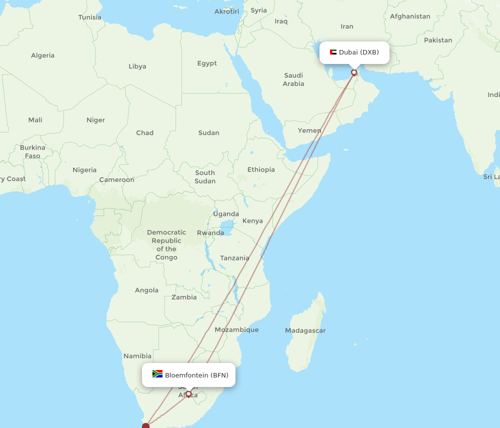 DXB to BFN flights and routes map