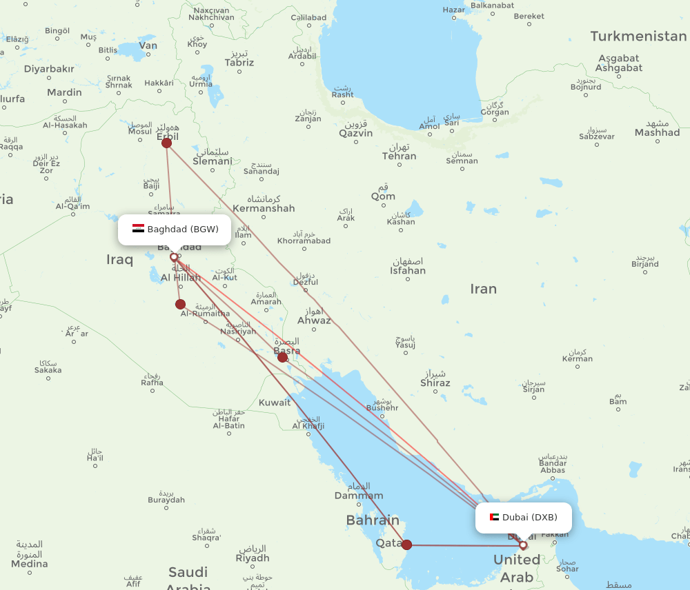 DXB to BGW flights and routes map