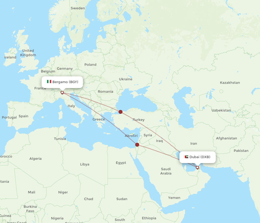 DXB to BGY flights and routes map
