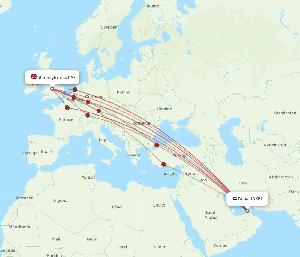 DXB to BHX flights and routes map