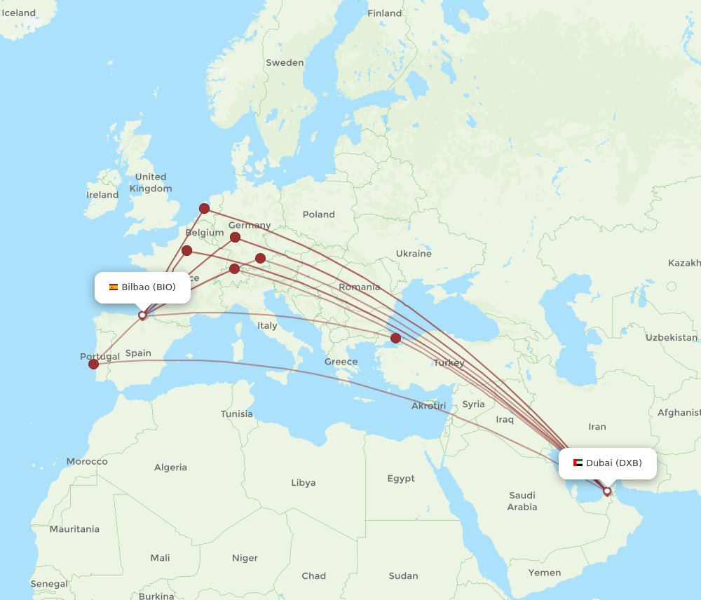 DXB to BIO flights and routes map