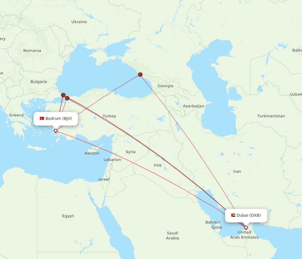 DXB to BJV flights and routes map