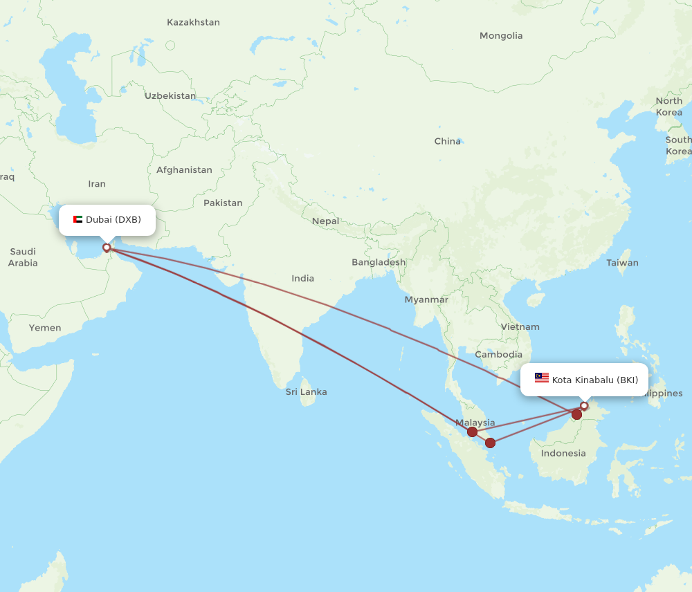 DXB to BKI flights and routes map