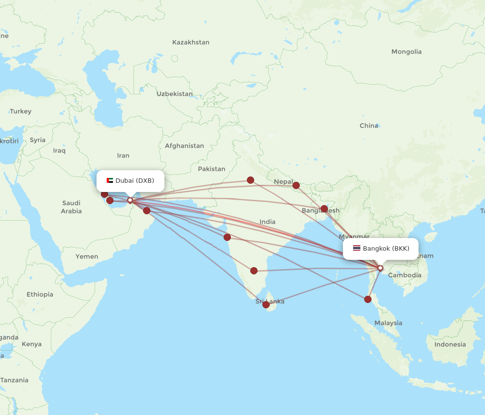 DXB to BKK flights and routes map