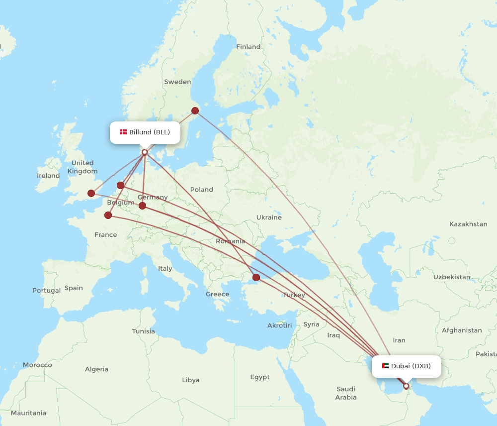 DXB-BLL flight routes