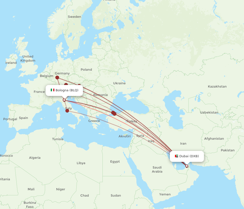 DXB to BLQ flights and routes map
