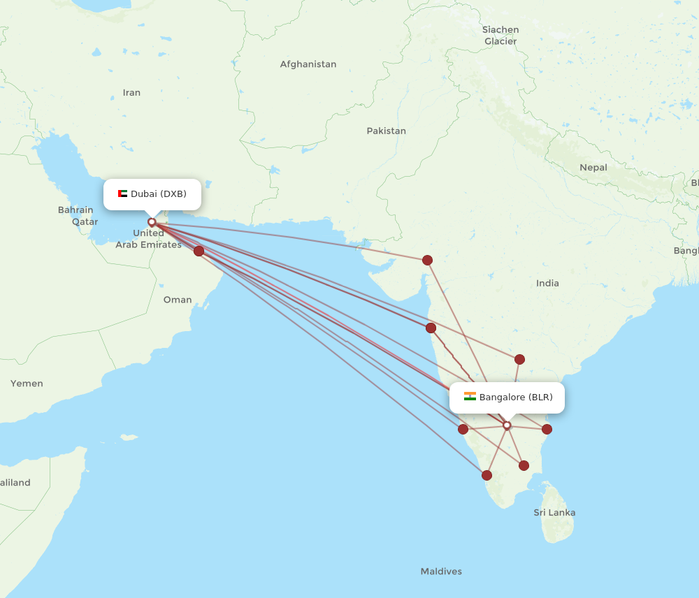 DXB to BLR flights and routes map