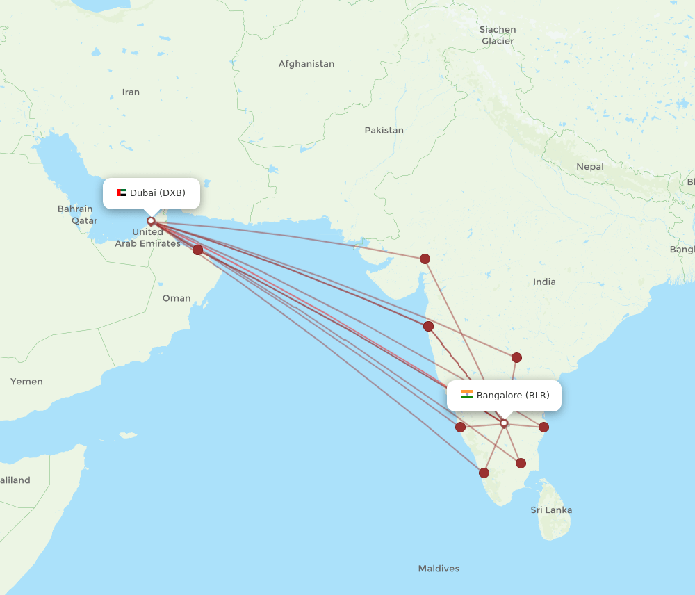 DXB to BLR flights and routes map