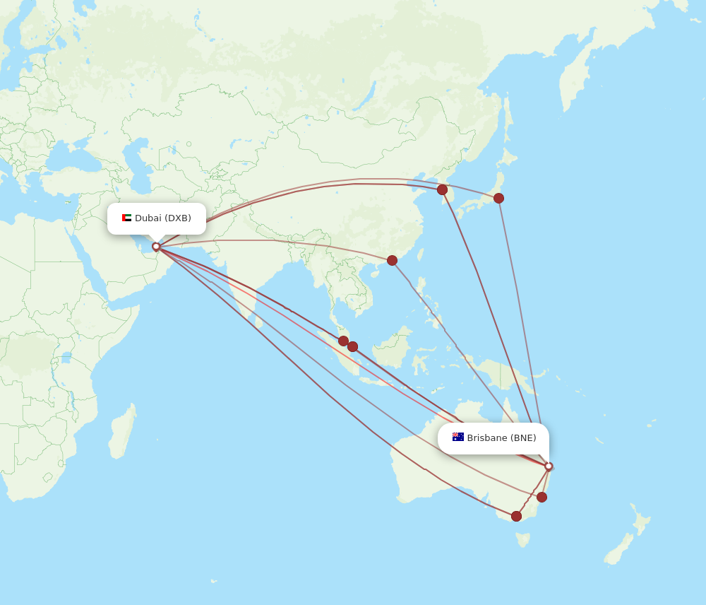 DXB to BNE flights and routes map