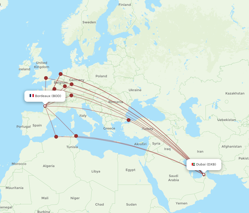 DXB to BOD flights and routes map