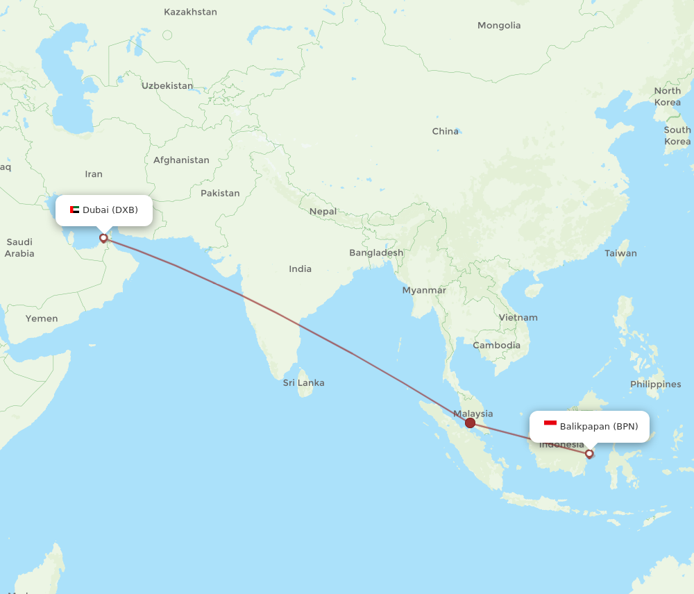 DXB to BPN flights and routes map