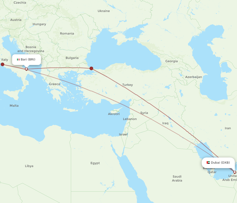 DXB to BRI flights and routes map