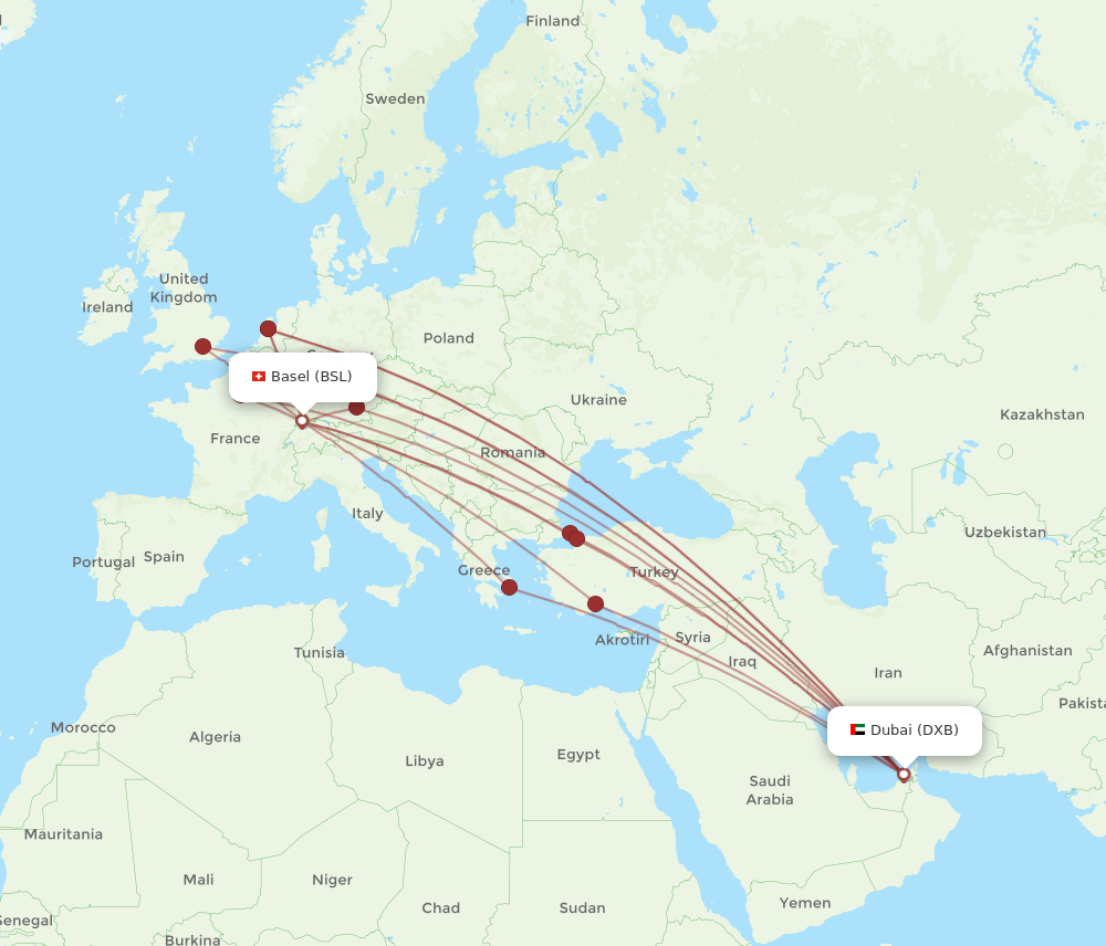 DXB to BSL flights and routes map
