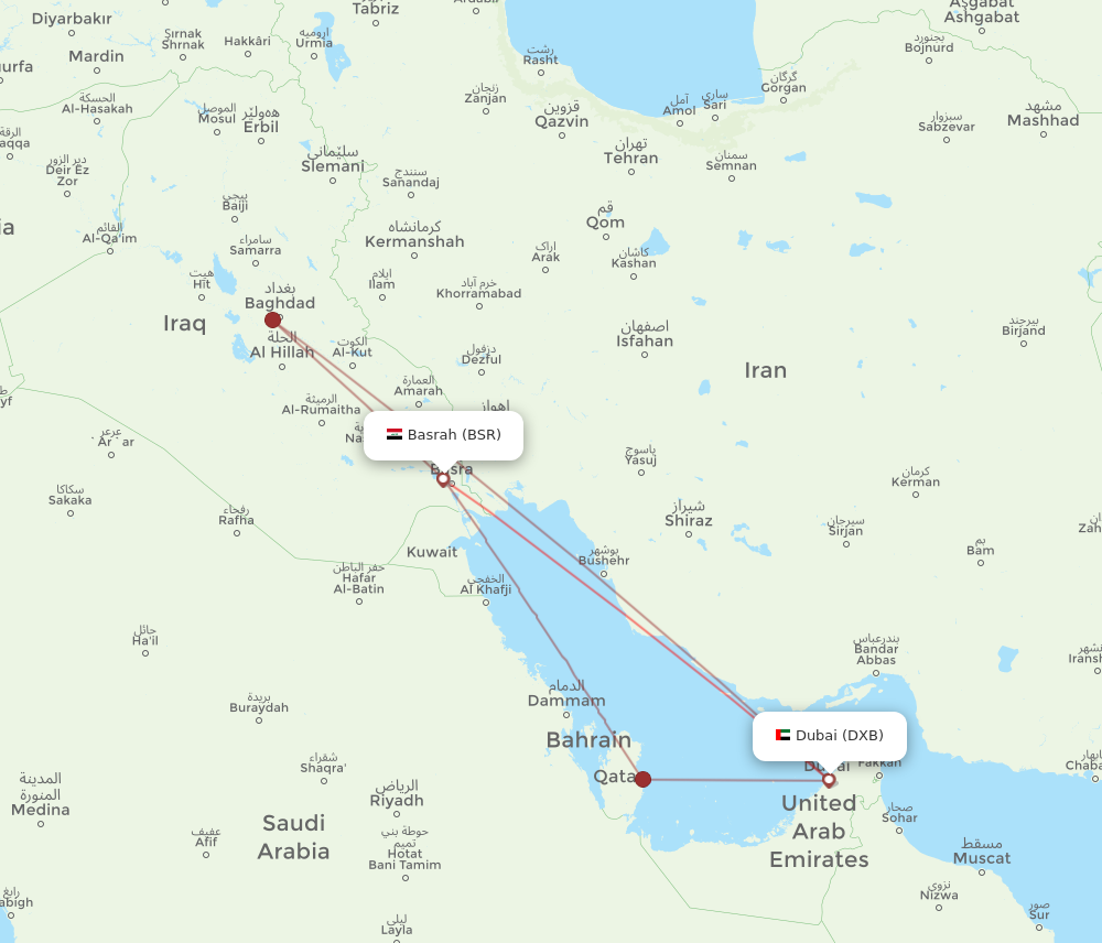 DXB to BSR flights and routes map