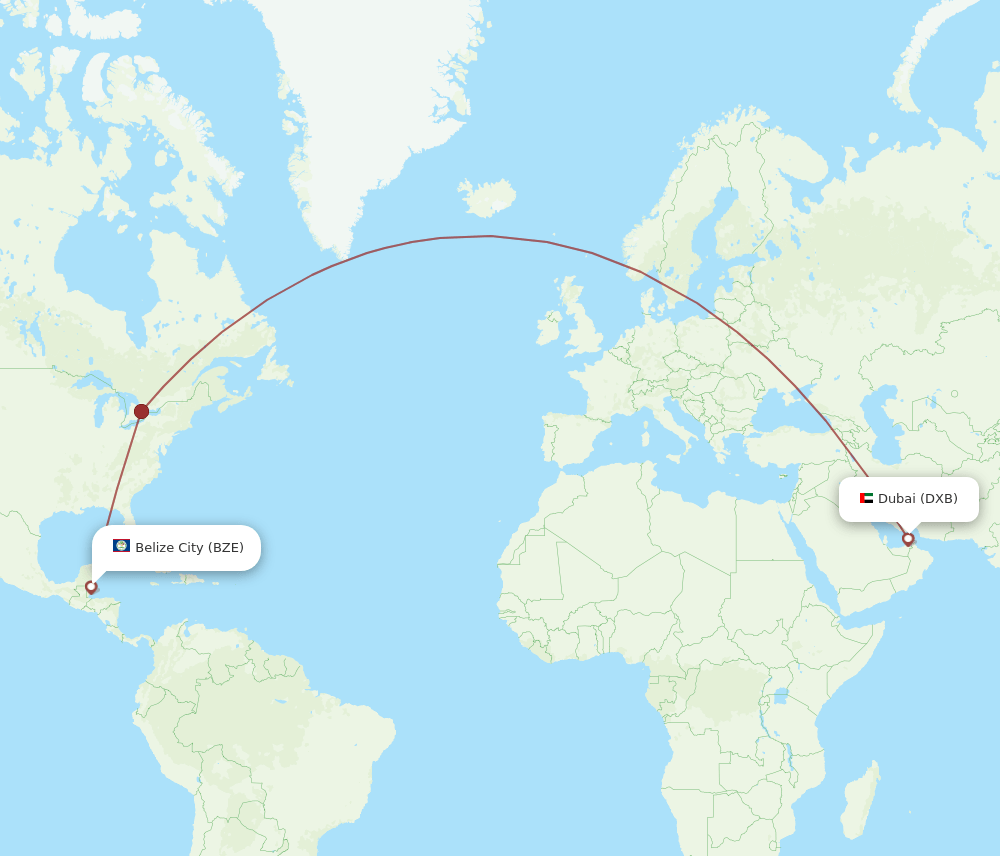 Dubai - Belize City route map and flight paths