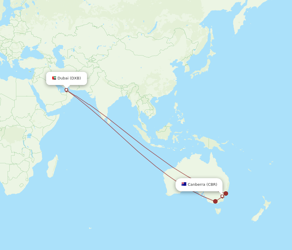 DXB to CBR flights and routes map