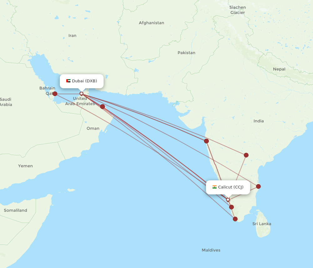 DXB to CCJ flights and routes map