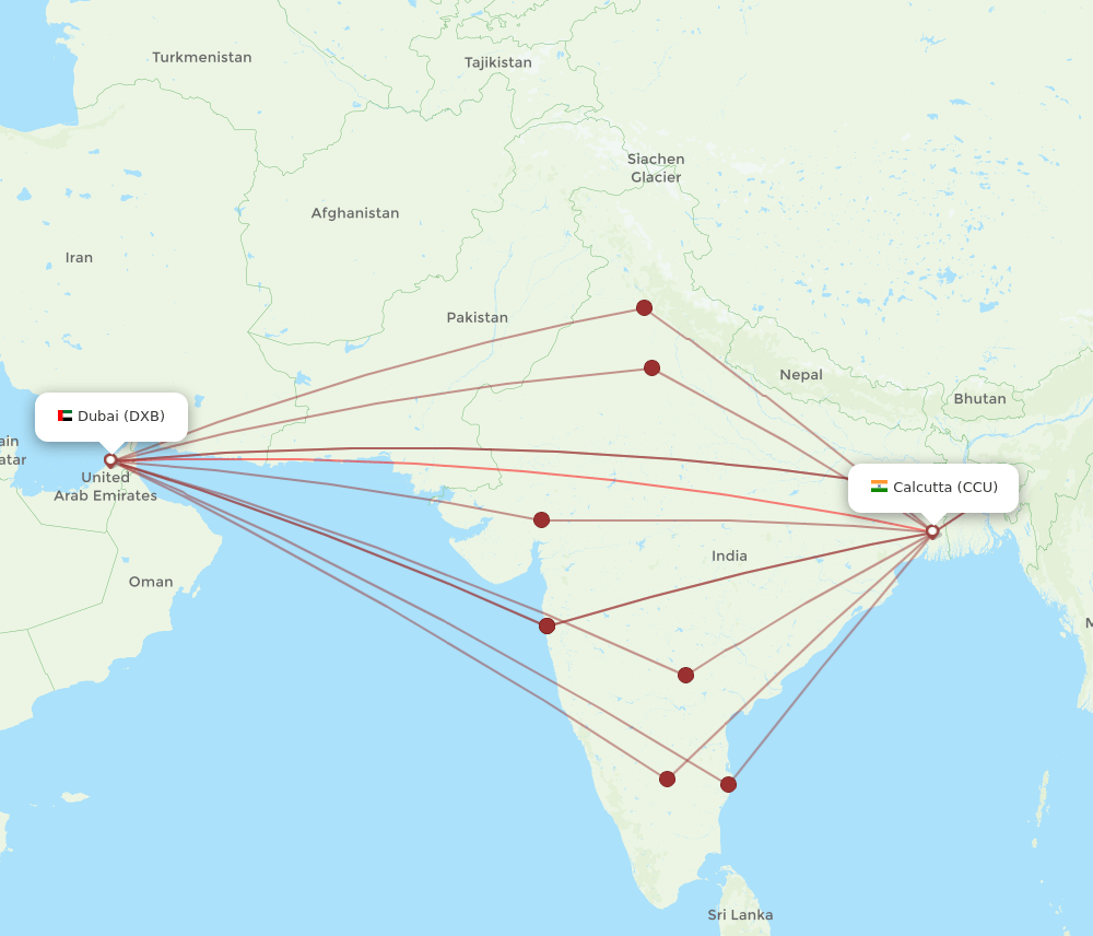 DXB to CCU flights and routes map