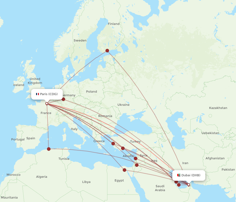 DXB to CDG flights and routes map