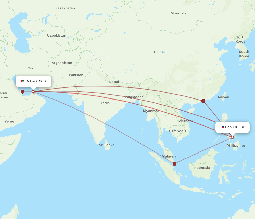 DXB to CEB flights and routes map