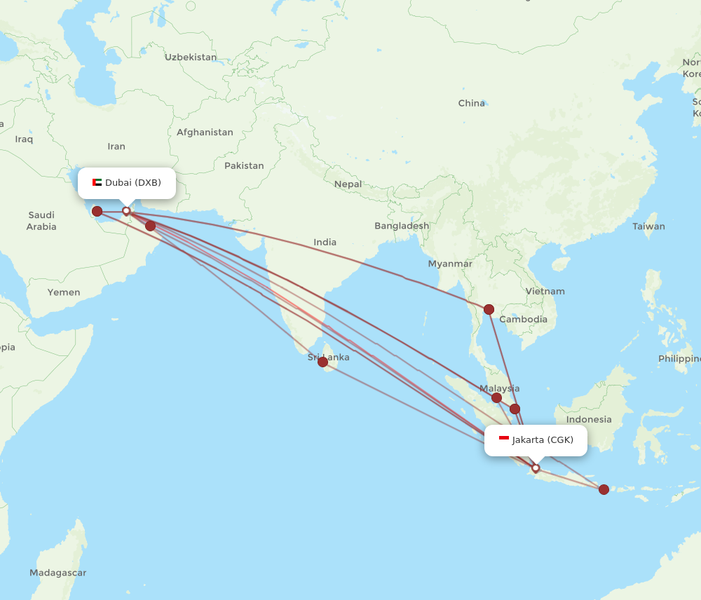 DXB to CGK flights and routes map