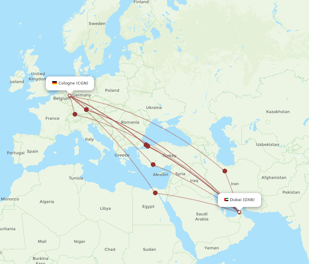 DXB to CGN flights and routes map