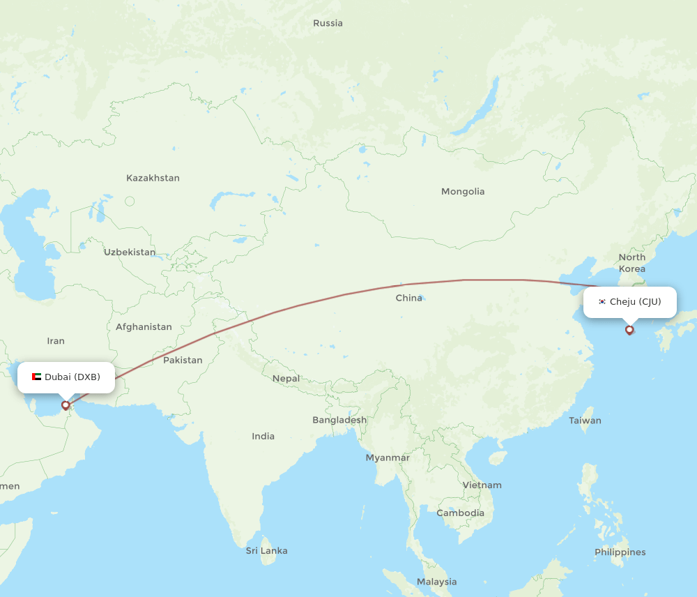 DXB to CJU flights and routes map