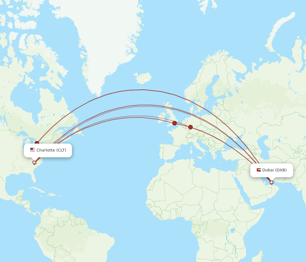 DXB to CLT flights and routes map