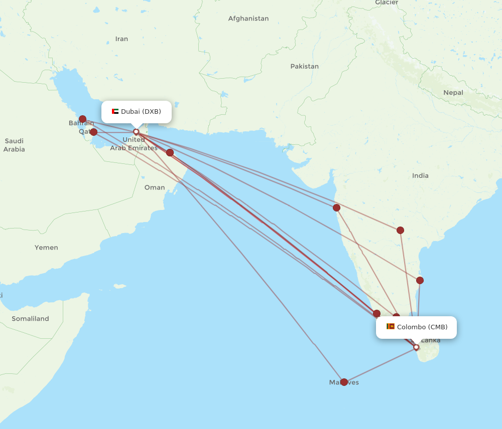 DXB to CMB flights and routes map