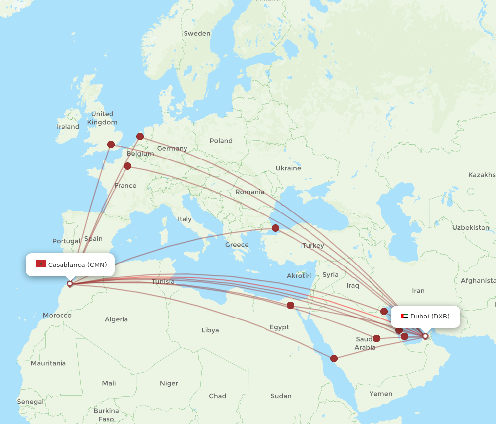 DXB to CMN flights and routes map