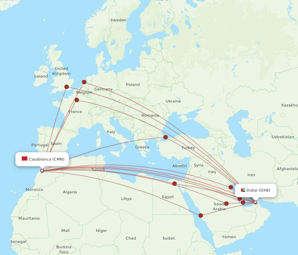 DXB to CMN flights and routes map