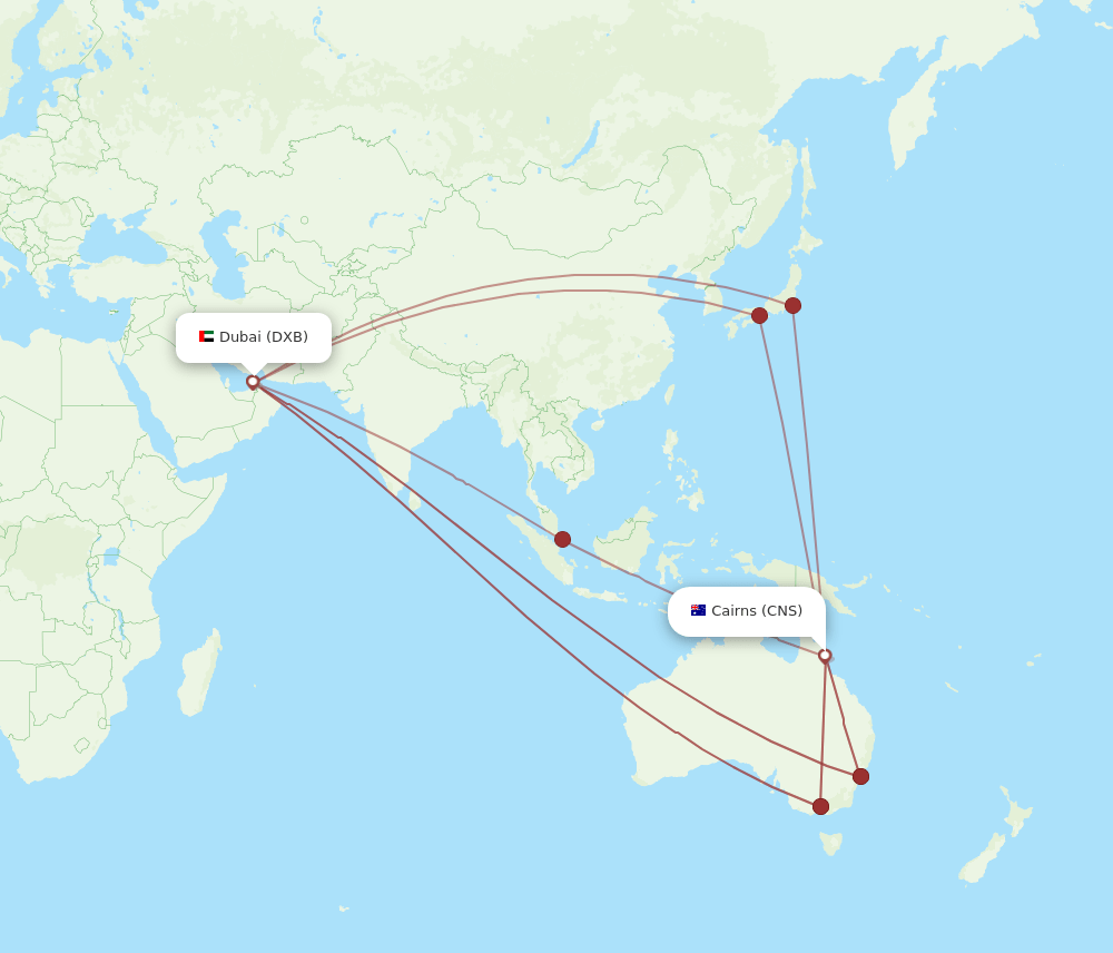 DXB to CNS flights and routes map