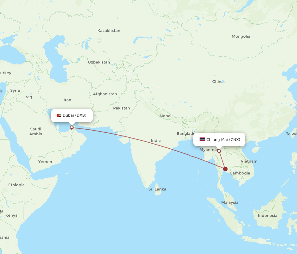 DXB to CNX flights and routes map