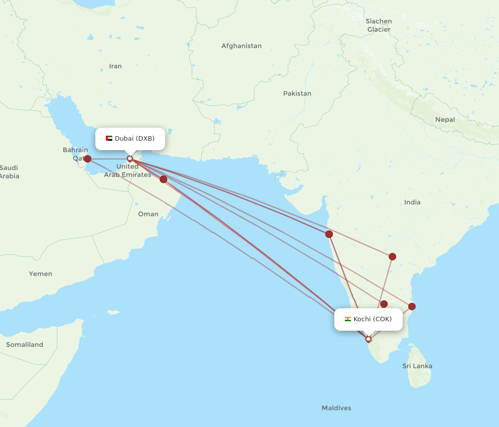 DXB to COK flights and routes map
