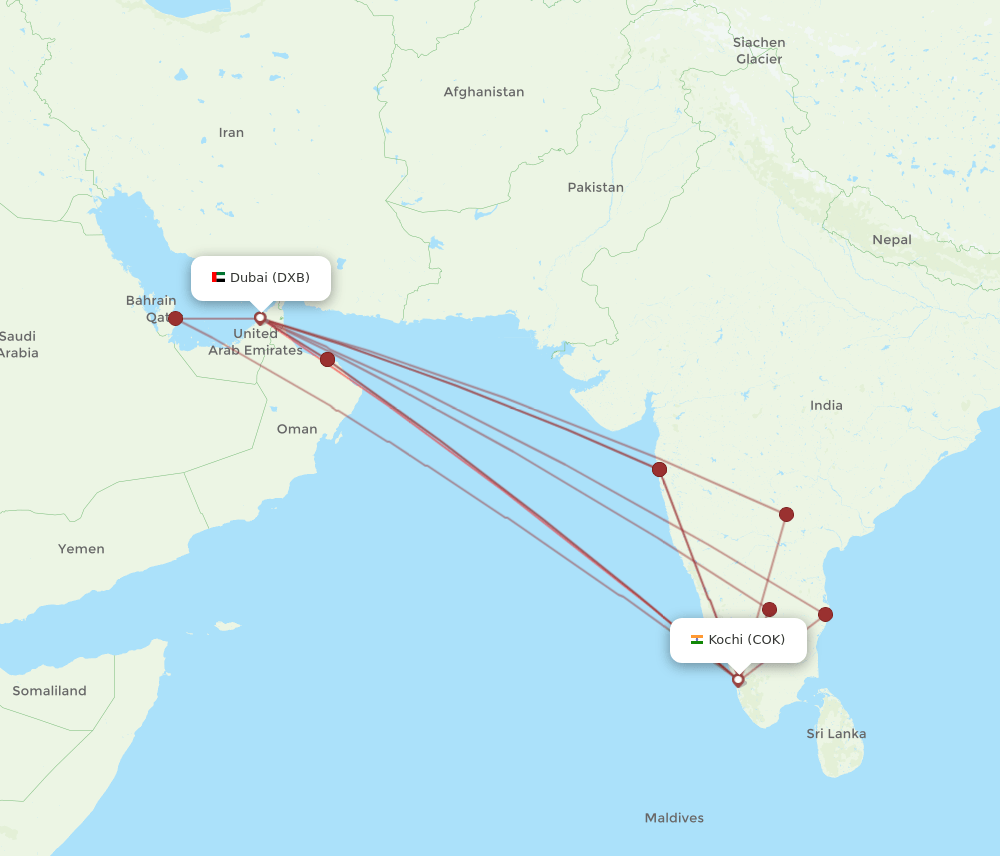 DXB to COK flights and routes map