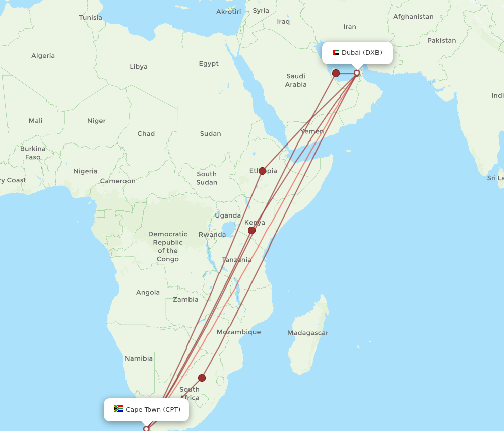 DXB to CPT flights and routes map